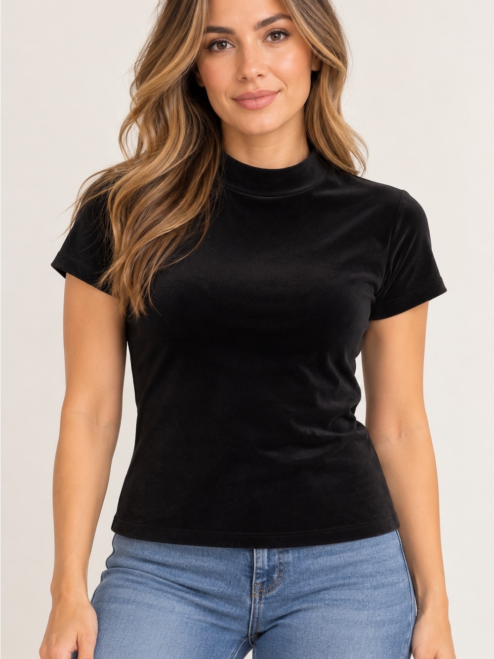 Women's Black Short Sleeve Mock Neck Tee